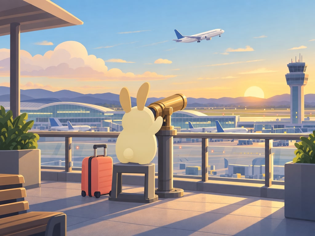 A bunny viewed from behind watching an airplane through an airport telescope